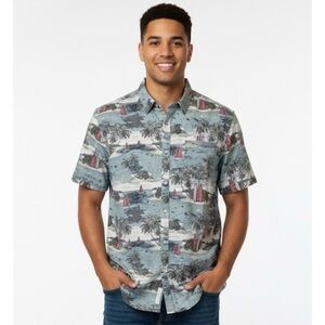 DENIM & FLOWER Casual Button Down Palm Tree Shirt, Men’s M, Blue Pink White